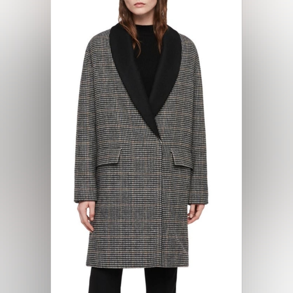 Size Medium Allsaints Paige check wool blend oversized coat - Picture 2 of 8